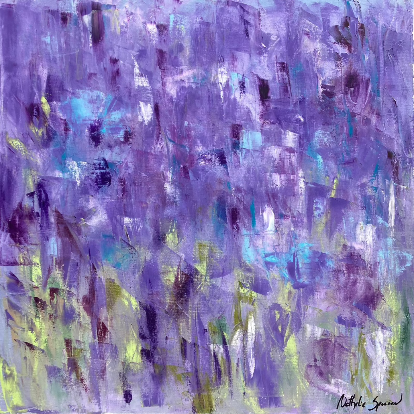 Améthyste II – Acrylique abstrait – Teintes violettes et éclats bleu-vert – Format carré 24x24 – Peinture à l'huile originale sur toile par Nathalie Spooner