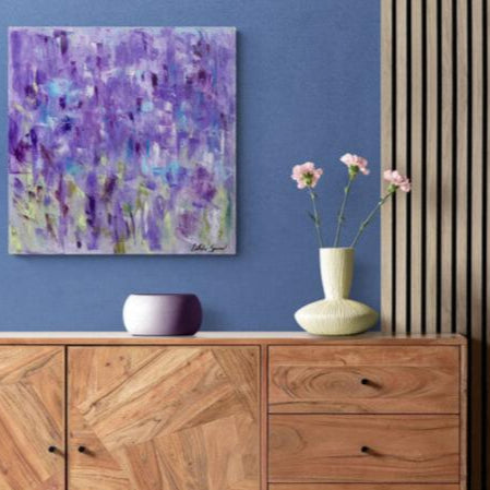 Améthyste II – Acrylique abstrait – Teintes violettes et éclats bleu-vert – Format carré 24x24 – Peinture à l'huile originale sur toile par Nathalie Spooner