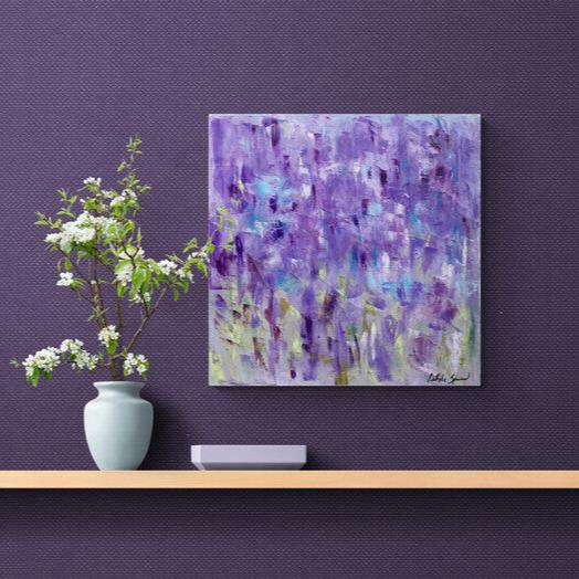 Améthyste II – Acrylique abstrait – Teintes violettes et éclats bleu-vert – Format carré 24x24 – Peinture à l'huile originale sur toile par Nathalie Spooner