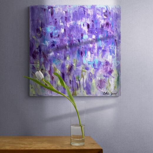 Améthyste II – Acrylique abstrait – Teintes violettes et éclats bleu-vert – Format carré 24x24 – Peinture à l'huile originale sur toile par Nathalie Spooner
