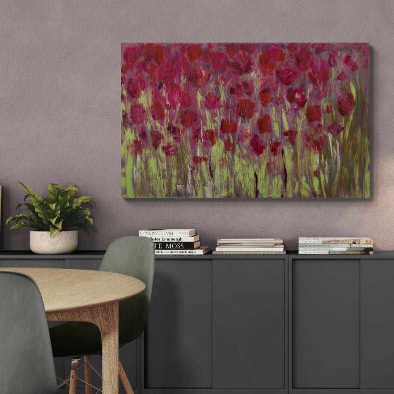 Rubis – Huile sur toile abstraite – Palette rouge vibrante et passionnée – Texture expressive évoquant la chaleur et la lumière – Nathalie Spooner