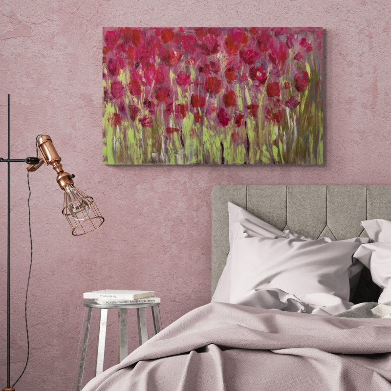 Rubis – Huile sur toile abstraite – Palette rouge vibrante et passionnée – Texture expressive évoquant la chaleur et la lumière – Nathalie Spooner