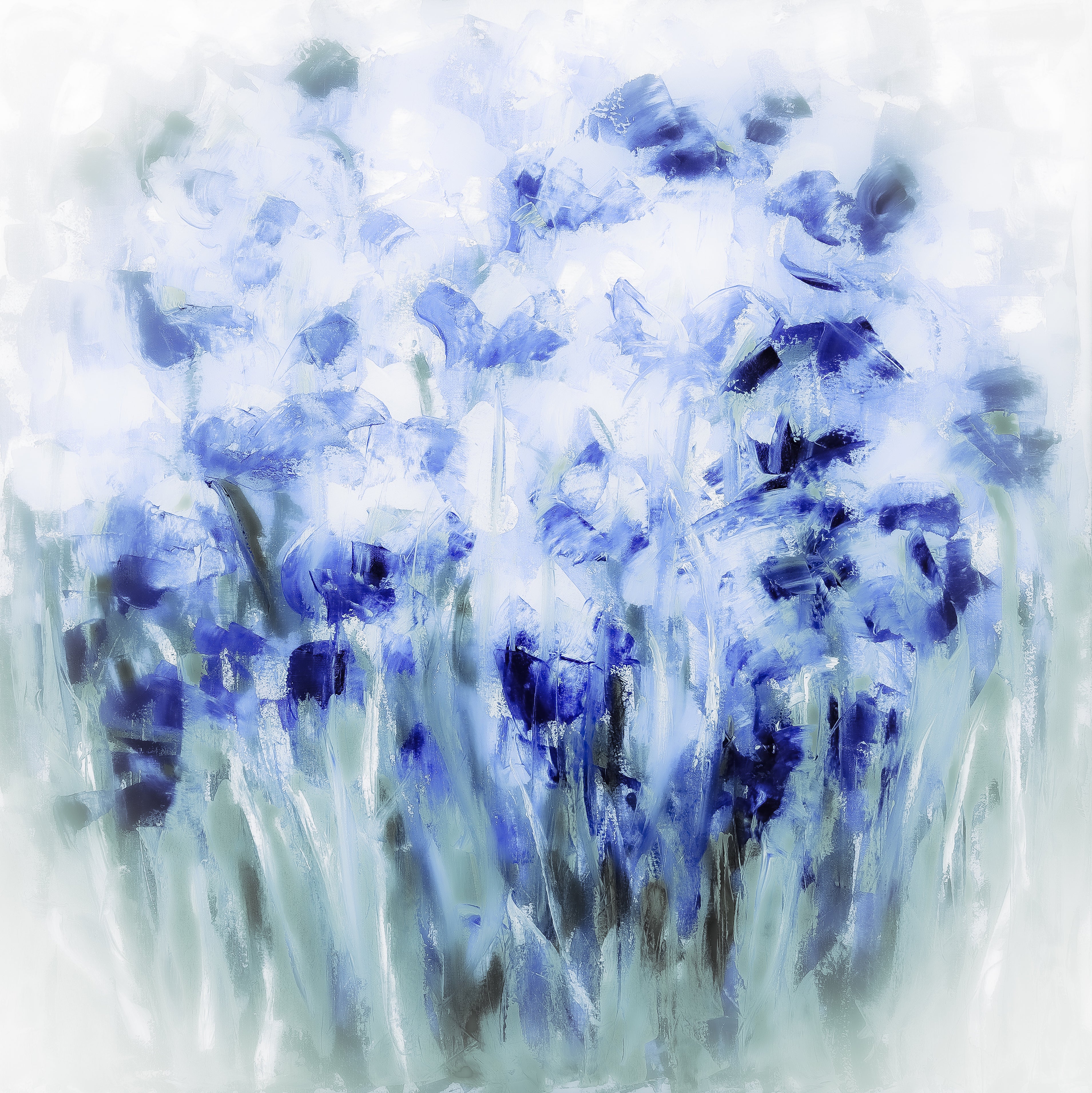 Oeuvre Poésie collection Floraison Huile sur toile Bleu - Vert- Blanc Champs de fleurs abstraite ressemble aux tableaux impressionnistes