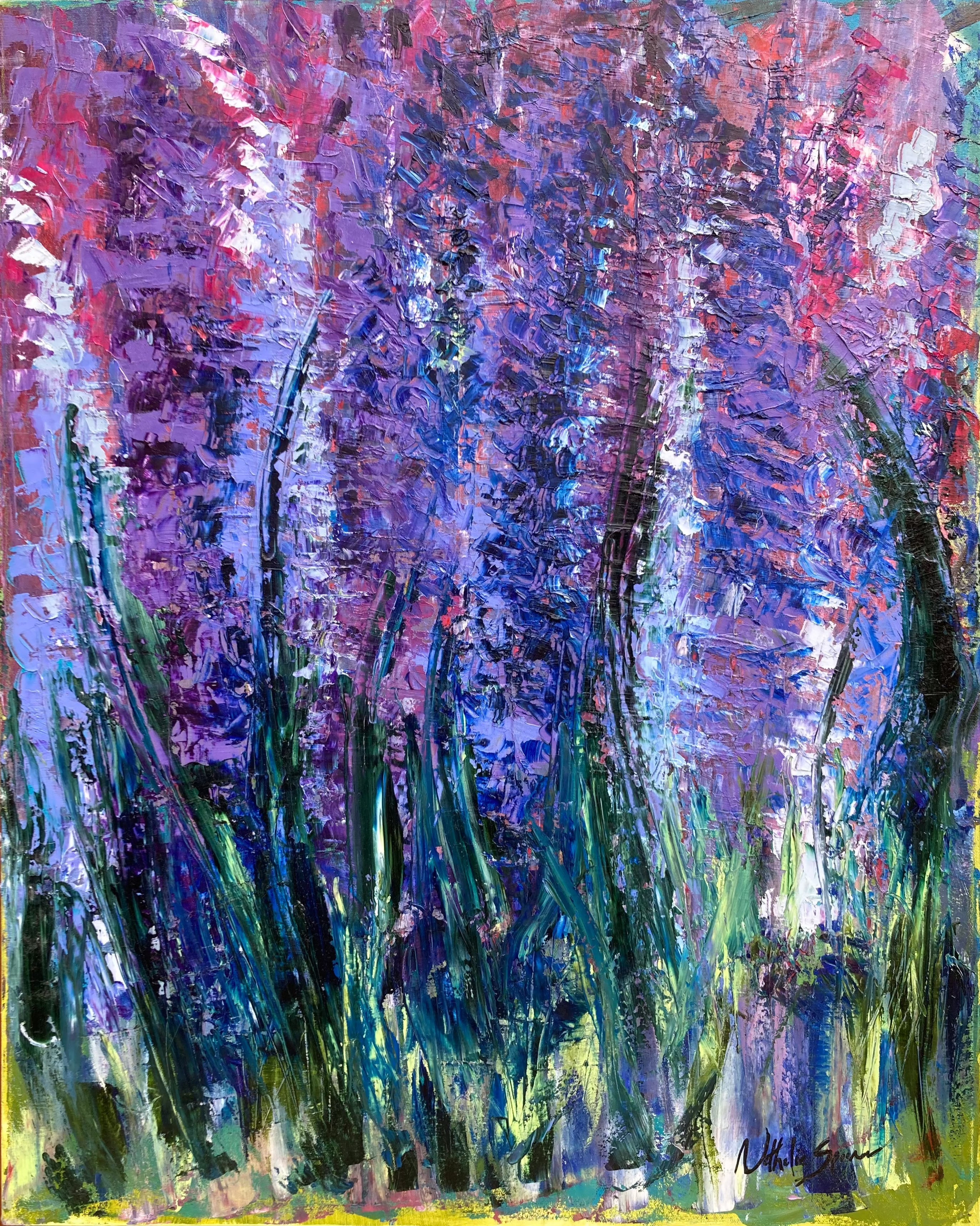 Oeuvre d'art Nathalie Spooner artiste Gaspésie-Lévis-Québec Peinture a l'huile fleurs mauves