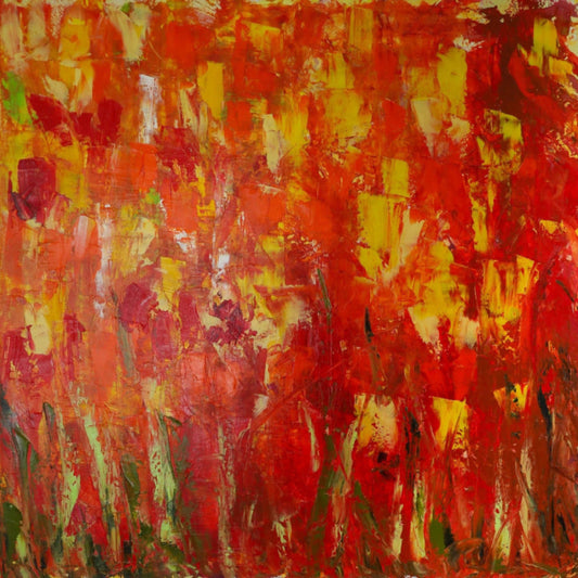 Cornaline III – Peinture abstraite sur toile – Rouge orangé, ambre, et reflets dorés – Œuvre originale signée Nathalie Spooner