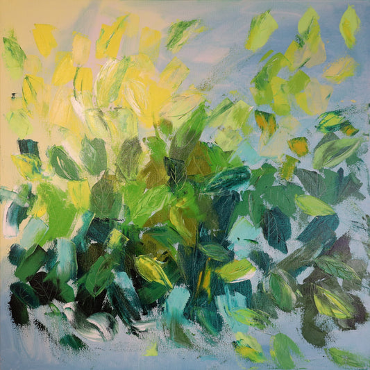 Kōmyō – Huile sur toile à la spatule – Lumière divine filtrant feuillage – Collection Komorebi – Art abstrait par Nathalie Spooner