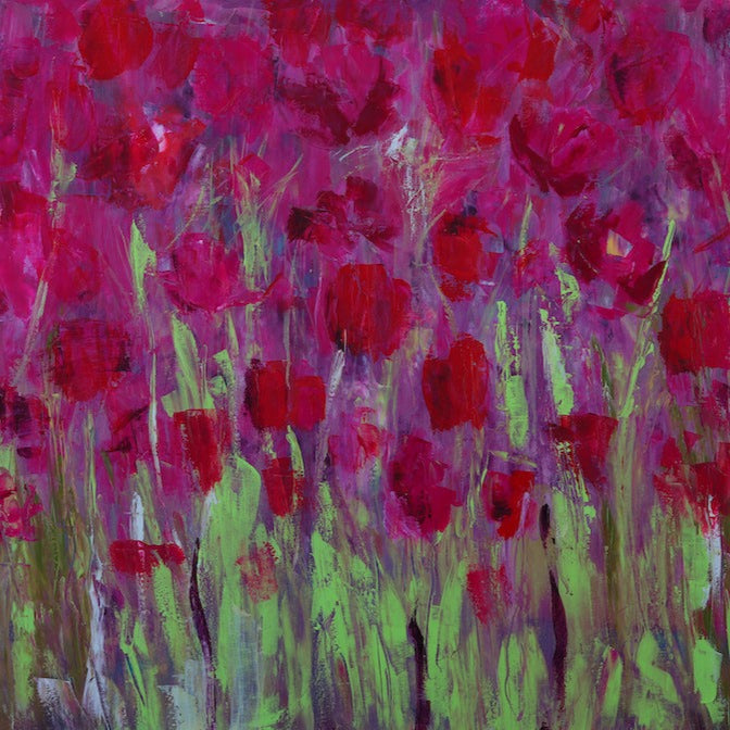 Oeuvre Rubis de Nathalie Spooner fleurs abstraites rouge-rose et vert
