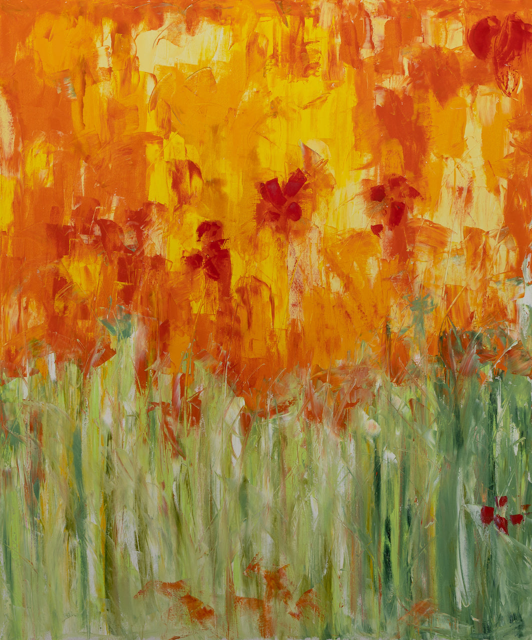 Oeuvre Cornaline de Nathalie Spooner fleurs abstraites orange et vert