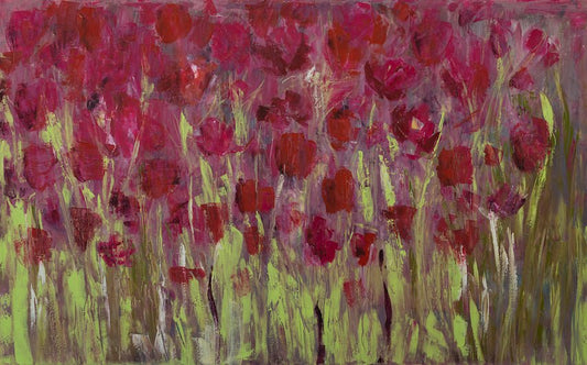 Rubis – Huile sur toile abstraite – Palette rouge vibrante et passionnée – Texture expressive évoquant la chaleur et la lumière – Nathalie Spooner